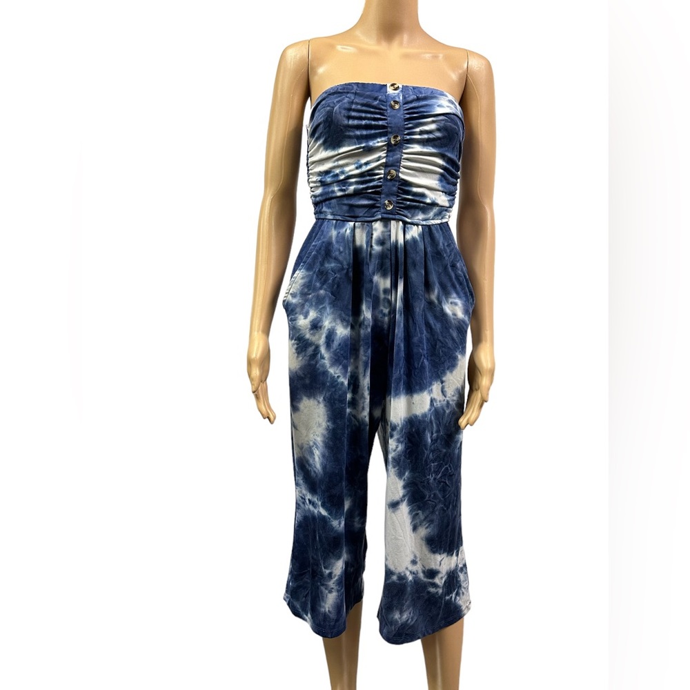 J for Justify Blue White Tie Dye Strapless Romper Jumpsuit Pockets Women’s S